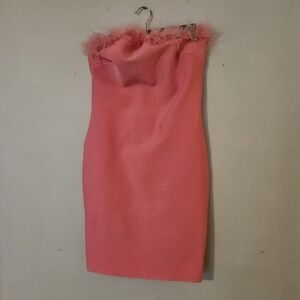 Pink Bodycon Bandage Mini Dress Feather Top Bubblegum Pink Barbie Sz S Strapless